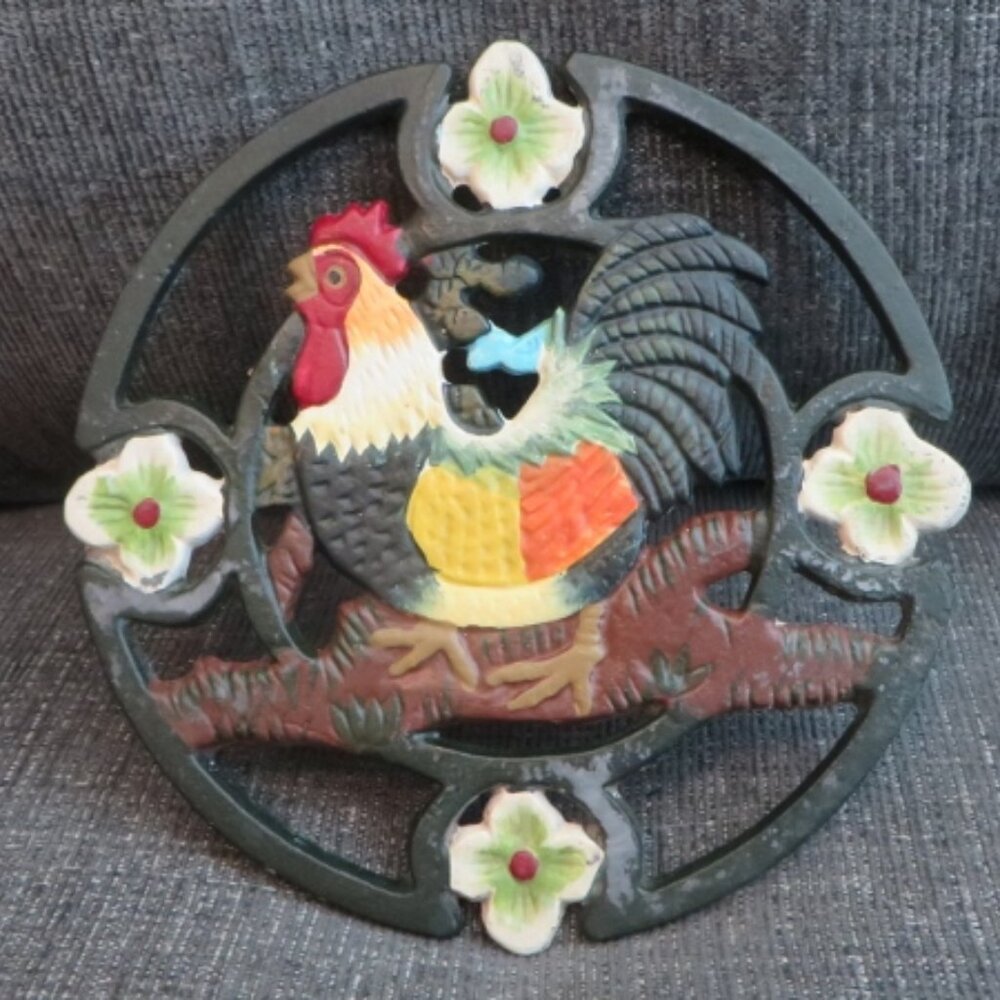 Vintage Cast Iron Rooster Trivet - Multi-Colored  - Nice Piece